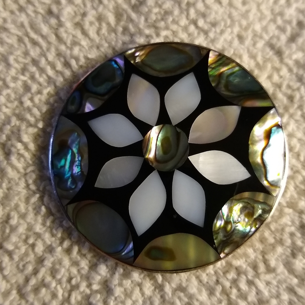 Abalone, Mother of Pearl, Onyx Brooch